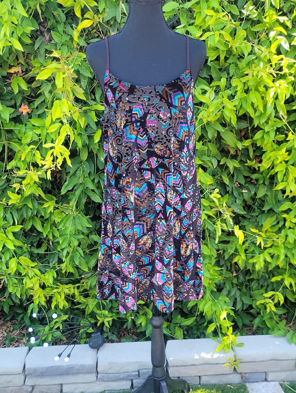 Brown And Black Velvet Slip Dress with Multicolor Velvet Burnout Pattern